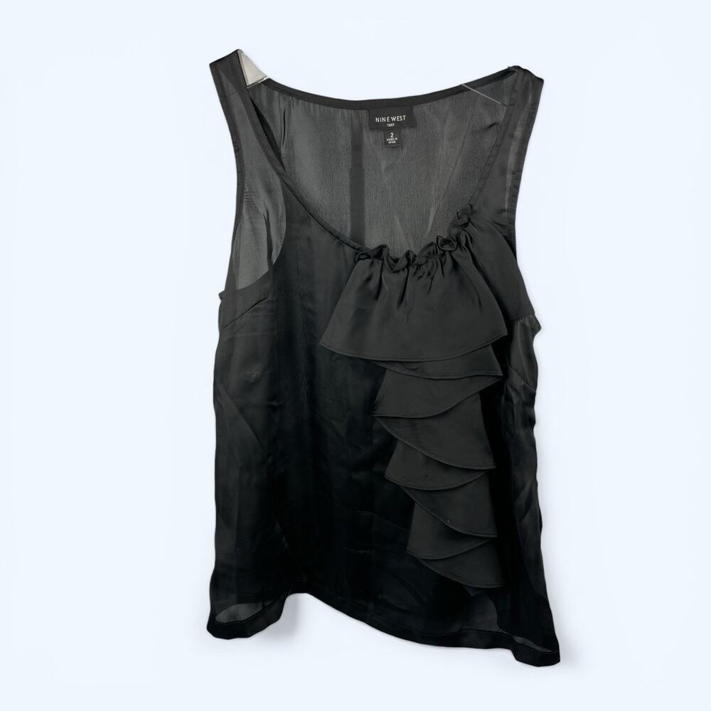 Nine West Suit Sleeveless Blouse Ruffle Detail Black Satin Size 2